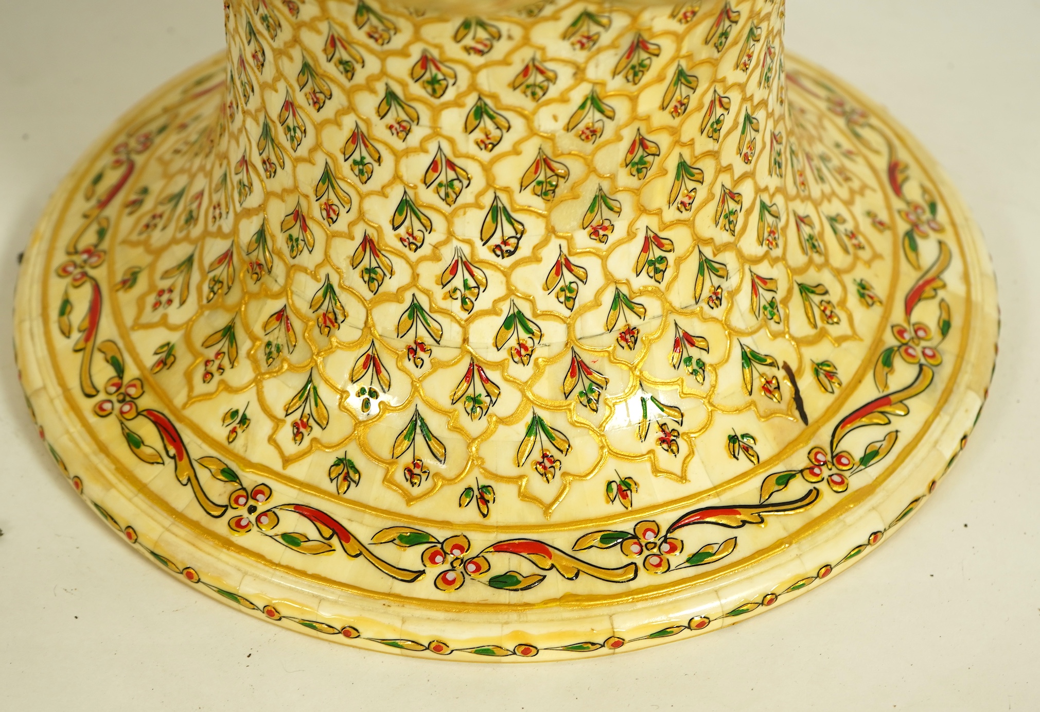 A pair of large Indian painted bone veneered vases, in Mughal style